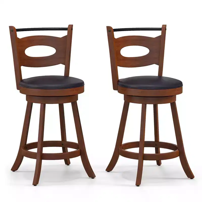 Costway Set of 2 Bar Stools 360 Swivel Dining Chairs Solid Rubber Wood Leather Padded Seat Counter Height