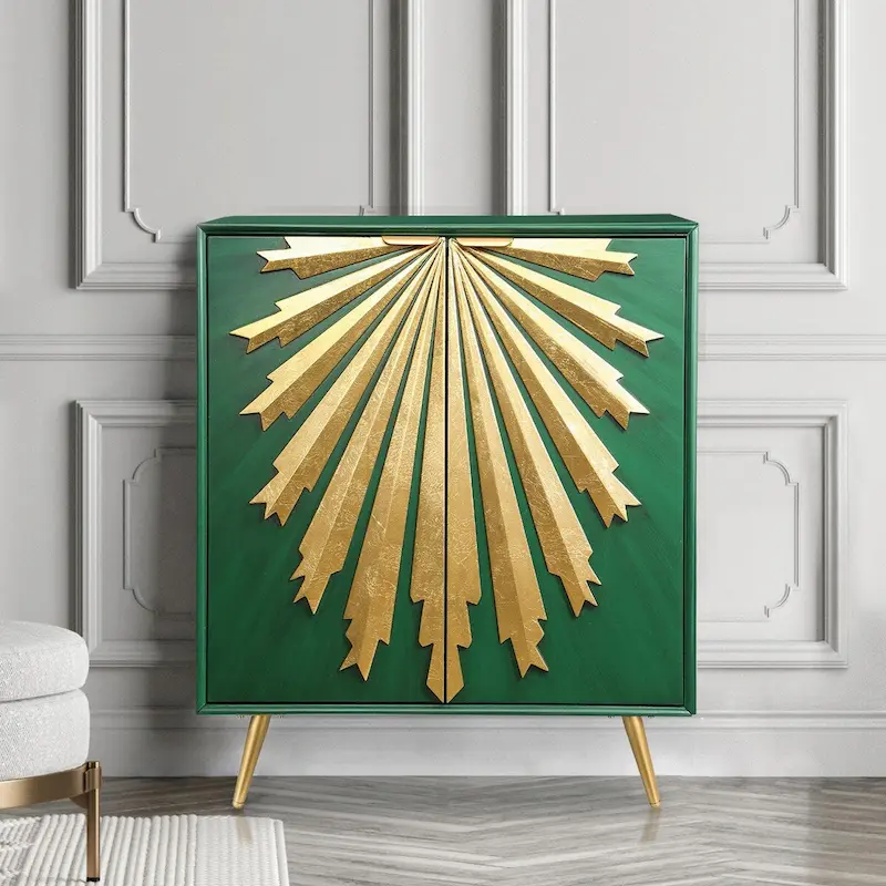 Mid-Century Modern Glam Solid Wood Cabinet 2-Door Sunburst Accent Storage Sideboard Cupboard Dining Room Buffet