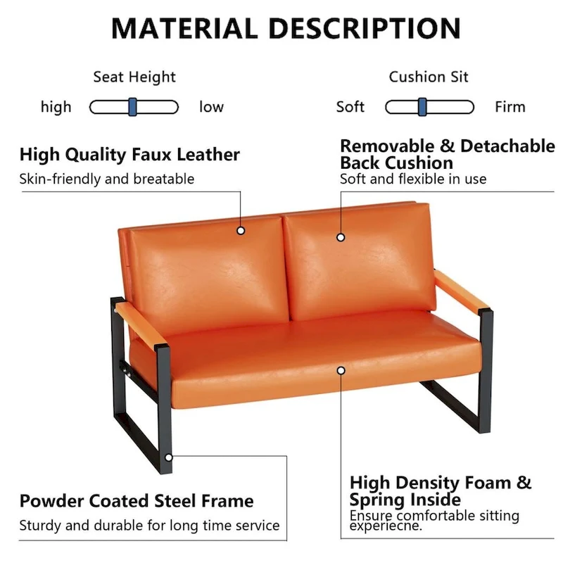 Mieres Mid-Century Style Faux Leather Loveseat Sofa with Steel Frame