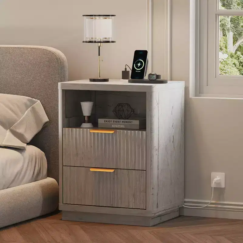 Grey Fluted Nightstand Set of 2 C Modern Farmhouse Bedside Tables with Charging Station & 2-Drawer Storage (Mid-Century Design)