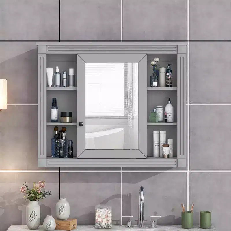 MAYEERTY 28.7 Wall Mounted Bathroom Mirror Cabinet with Concealed Storage 6 Open Shelves Medicine Cabinet Gray
