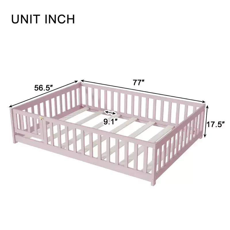 Luxystar Full Size Floor Bed with Fence and Door for Kids' Room