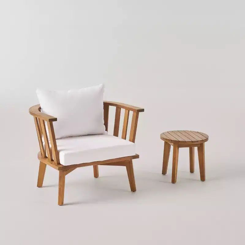 Chilian 2pc Acacia Wood Chair and Table Set - Teak/White - Christopher Knight Home: Weather-Resistant, with Cushions