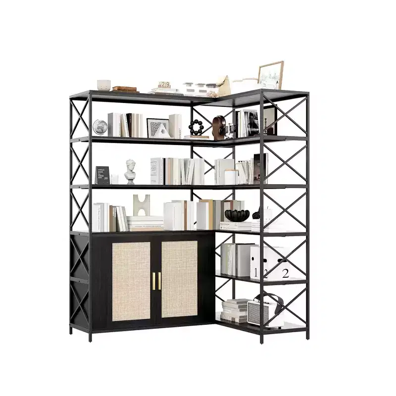 6 Tier Corner Bookshelf, Large Bookcase for Corner, Vintage L Shaped Book Shelf with Sturdy Metal Frame and 2 Rattan Doors Cabinet for Home Office