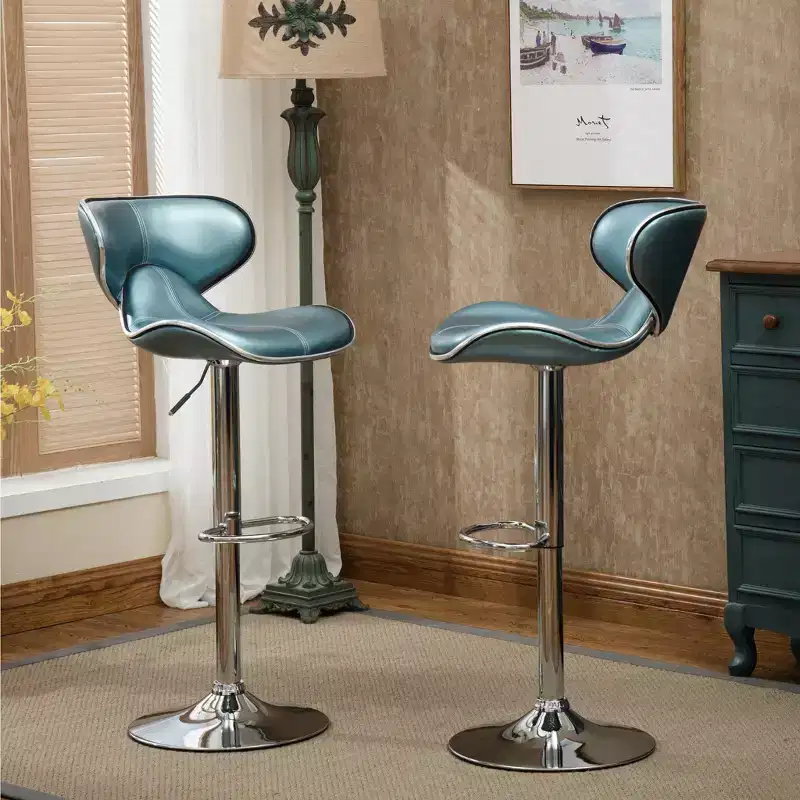 Roundhill Furniture Masaccio Cushioned Leatherette Upholstery Airlift Adjustable Swivel Barstool with Chrome Base, Blue, Set of 2