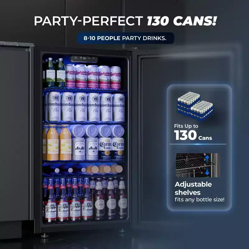 Simzlife 3.2 cu.ft. 130 Cans Beverage Refrigerator, Reversible Glass Door & LED Light, Adjustable Temperature, Removable Shelves, Energy Efficient