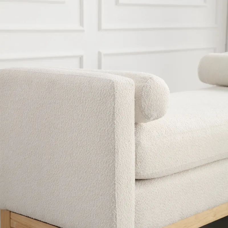 Upholstered Bench Wood Legs and Bolster Pillows