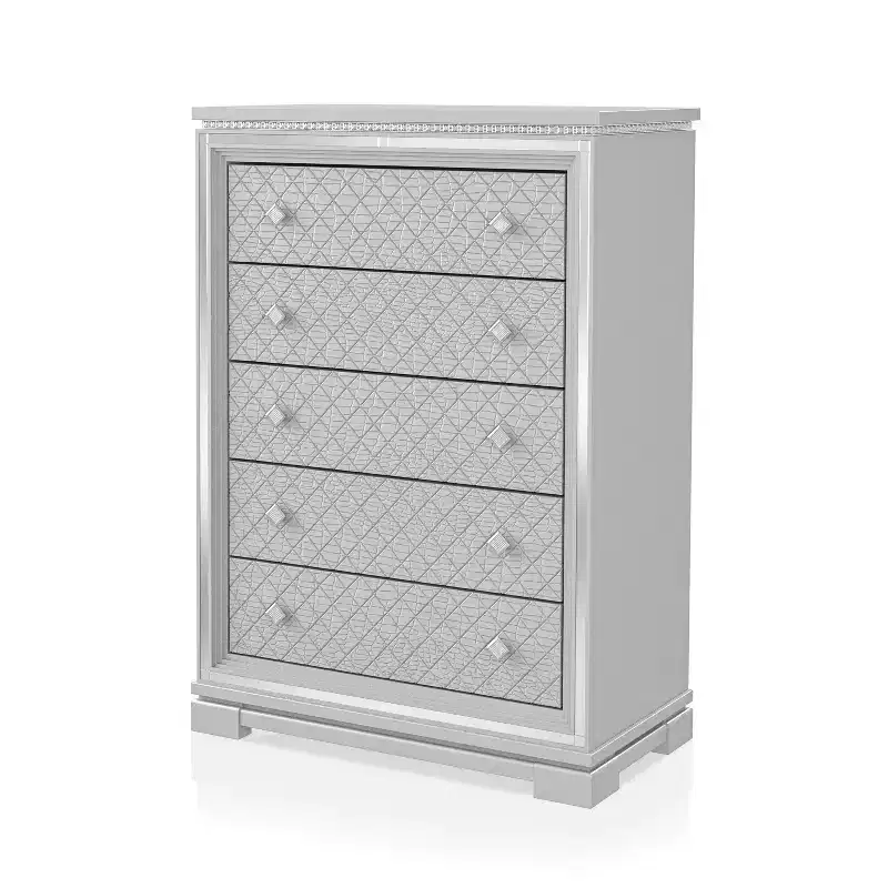 5-Drawer Chest, Glam Silver With Crocodile Embossing and Mirror Trim