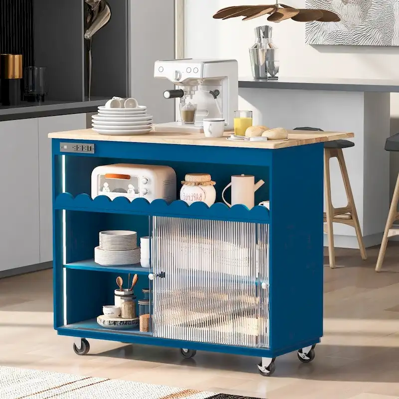 LED Light Kitchen Island on Wheels with Drop Leaf and Power Outlets