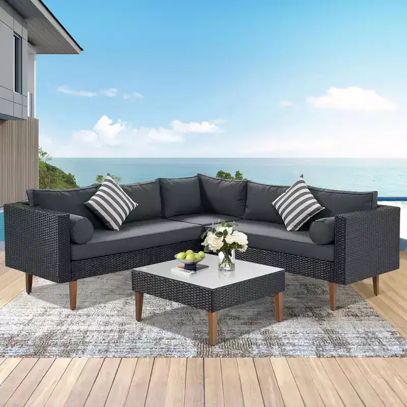 GDFStudio Landon Patio Modern Wicker 4-Piece L-Shaped Sofa Conversation Set with Table and Cushions