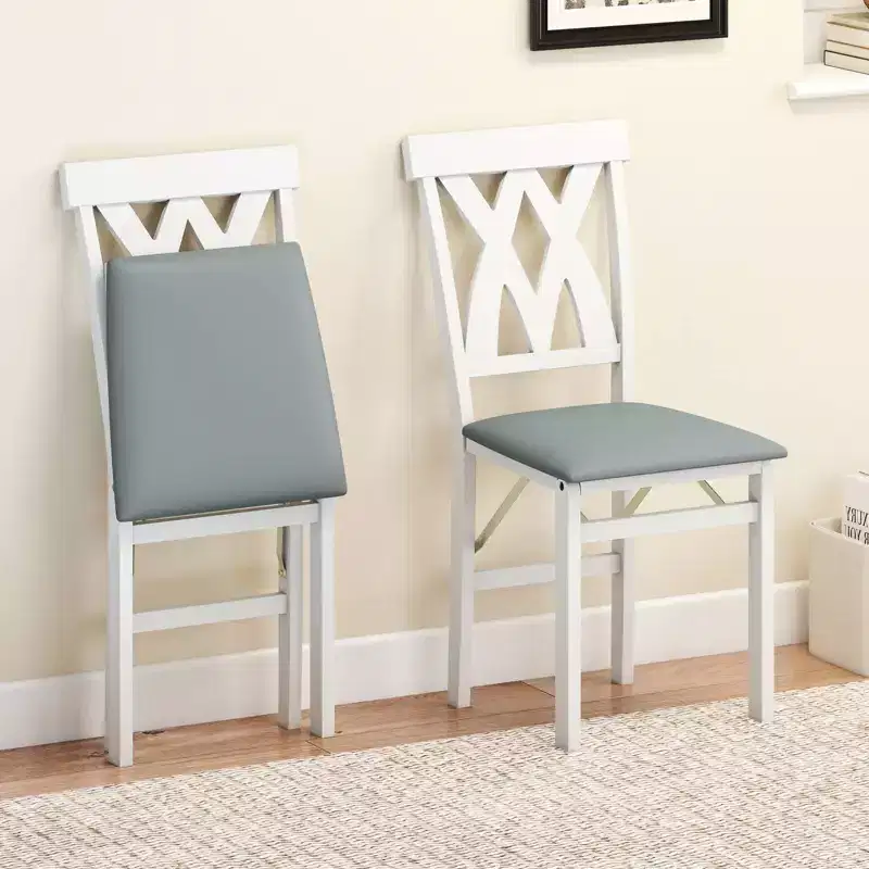 Costway Folding Kitchen Chairs Set of 2/4 with Rubber Wood Frame Padded Seat with PVC Leather White/Brown