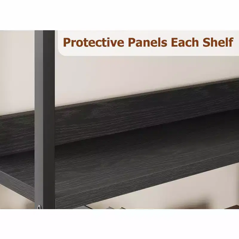 Five-tier L-shaped corner bookshelf with wood and metal storage shelves. Space-saving office display unit suitable for living rooms and bedrooms.