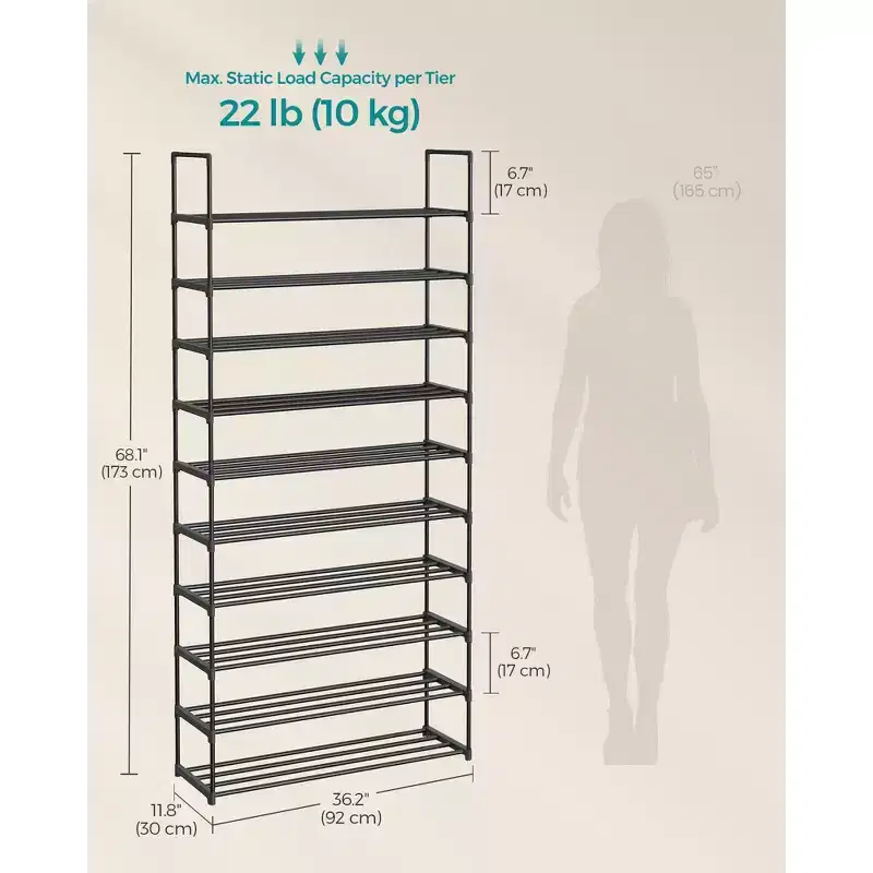 10-Tier Metal Shoe Rack for 44-55 Pairs, 68.1 Inch Adjustable Storage Organizer for Entryway, Black