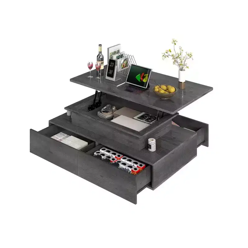 Farmhouse Lift Top LED Coffee Tables with Storage 4 Drawers Center Table For Living Room