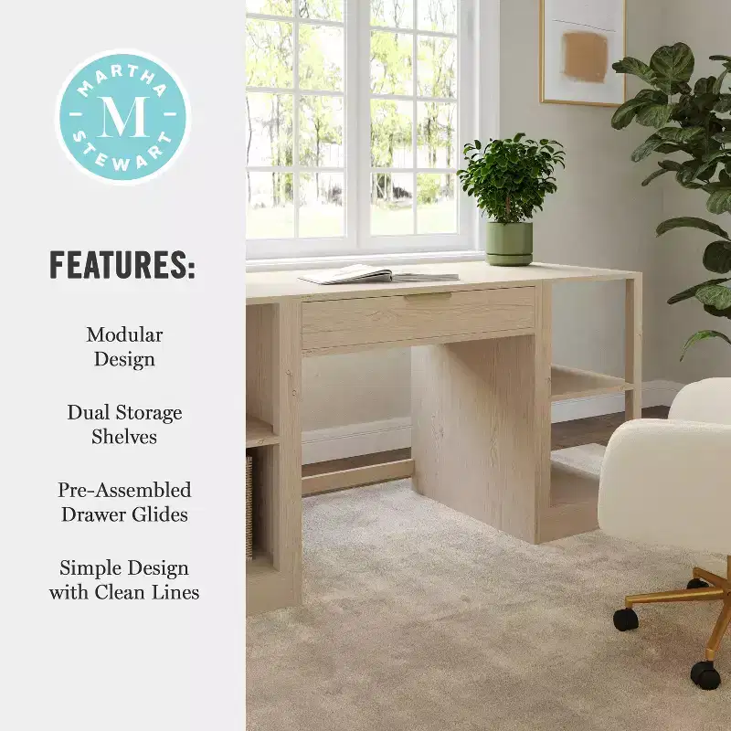 Martha Stewart Kayden Home Office Modular Single-Drawer Desk with Dual 2 Tier Shelves