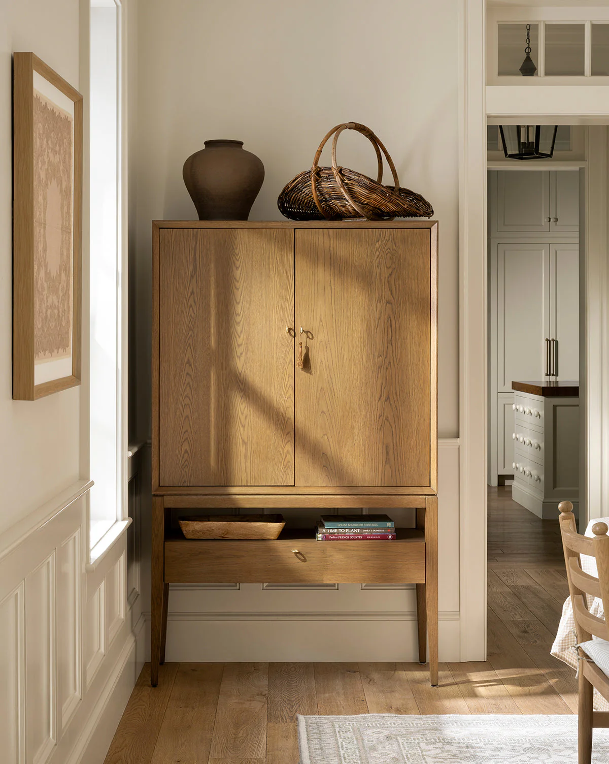 Rustic Honey Oak Cabinet with Ring Pulls & Beveled Edges for Living Room