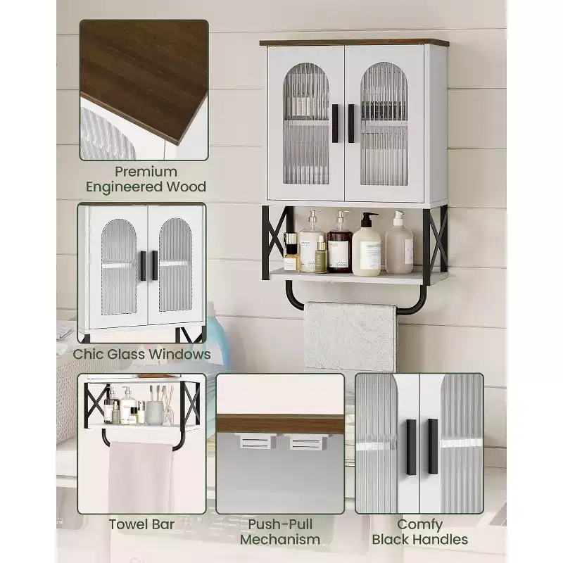 Dcolora Bathroom Wall Cabinet with Adjustable Shelf, Towel Bar, 2 Glass Doors