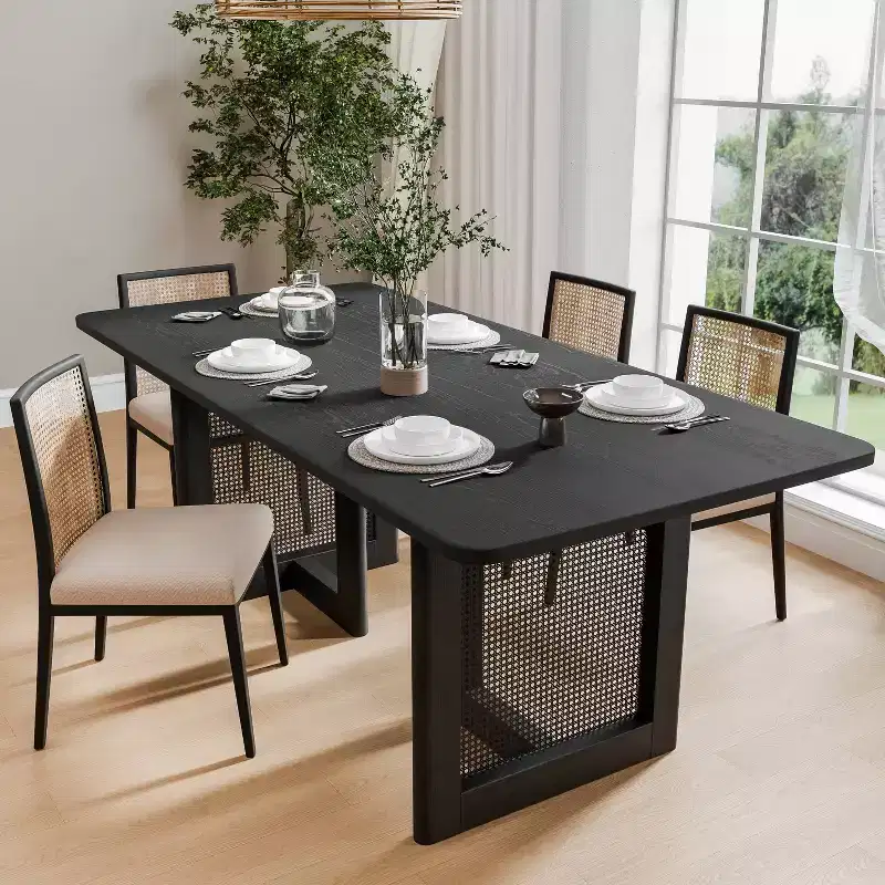 Dovelina Mid-Century Rectangle Wood Dining Table Rattan Kitchen Table Set 6 People - 67