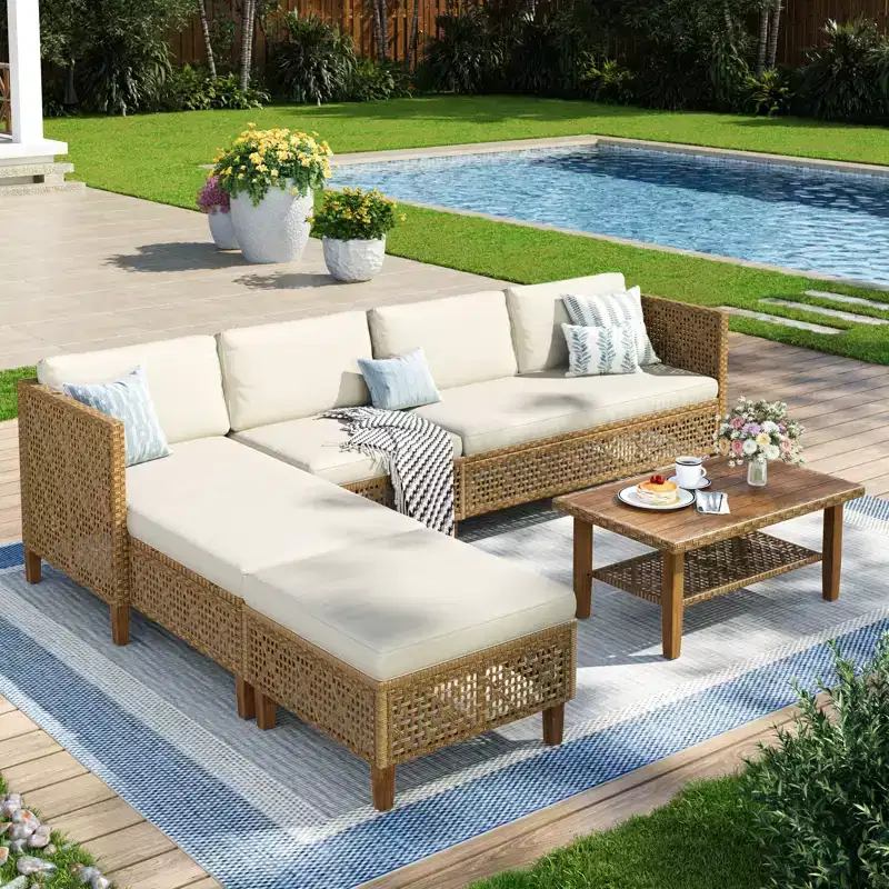 Captiva Designs Wicker Rattan Patio Furniture Sectional Sofas Conversation Set with Ottoman and Cushions