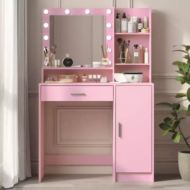 Modern Vanity Desk with Mirror & 3 Modes Light, Dressing Table with Drawer and Three Level Storage Cabinet, Pink