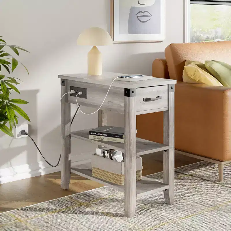 3 Tier End TableNarrow Wooden Side Table with Drawer, for Living Room,