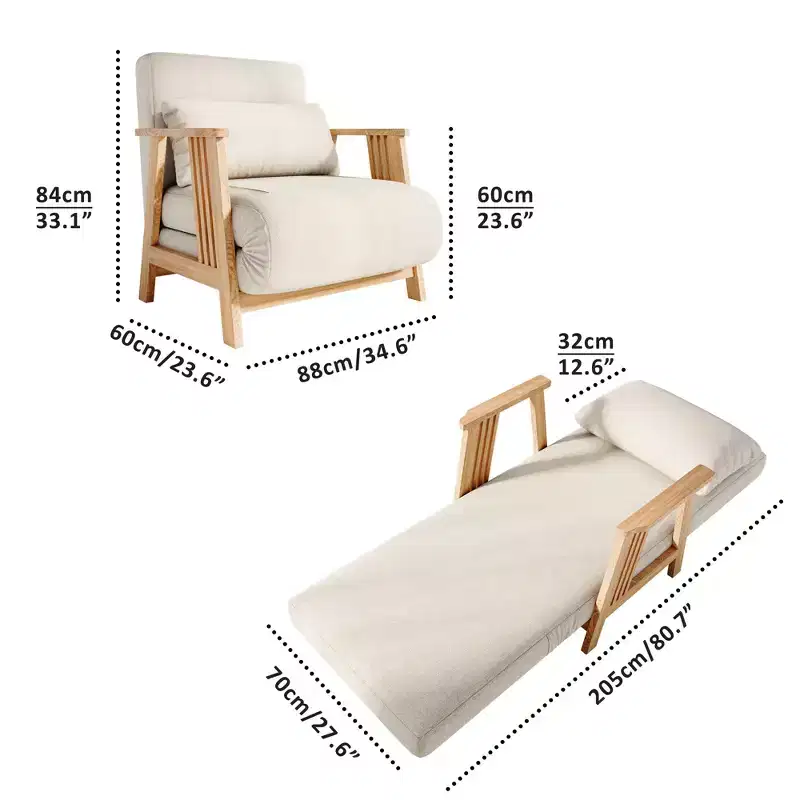 Convertible Fabric Accent Armchair Futon Sleeper Chaise, Solid Wood Frame, Beige