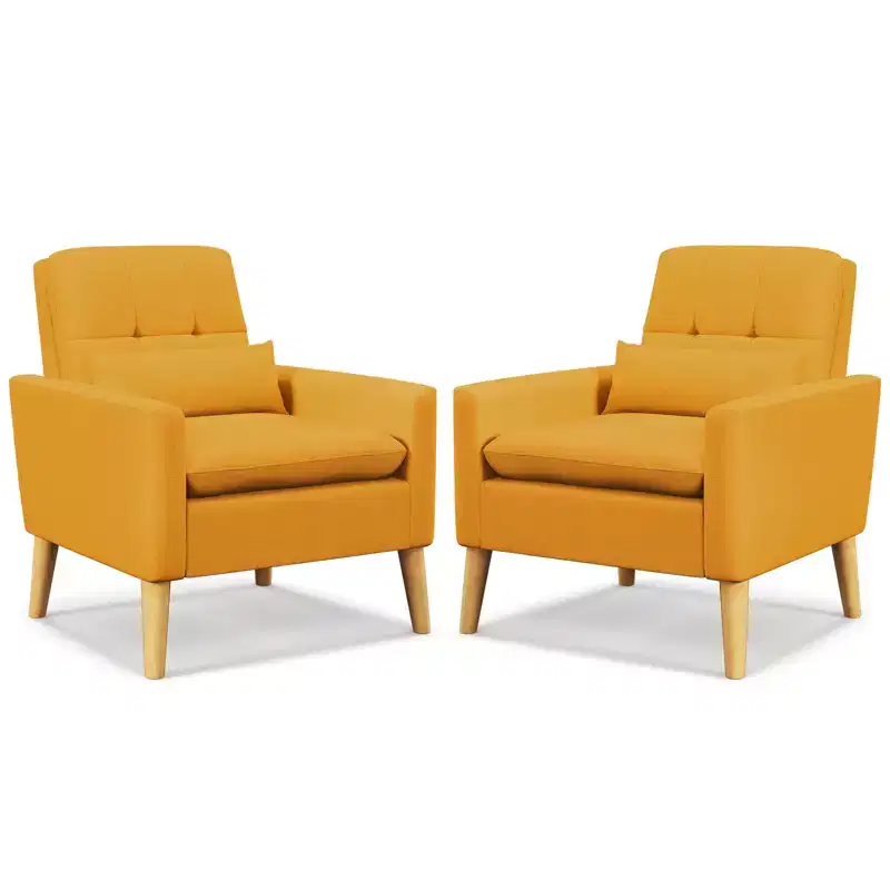 Upholstered Tufted Accent Armchair with Lumbar Pillow and Rubber Wood Legs, Set of 2