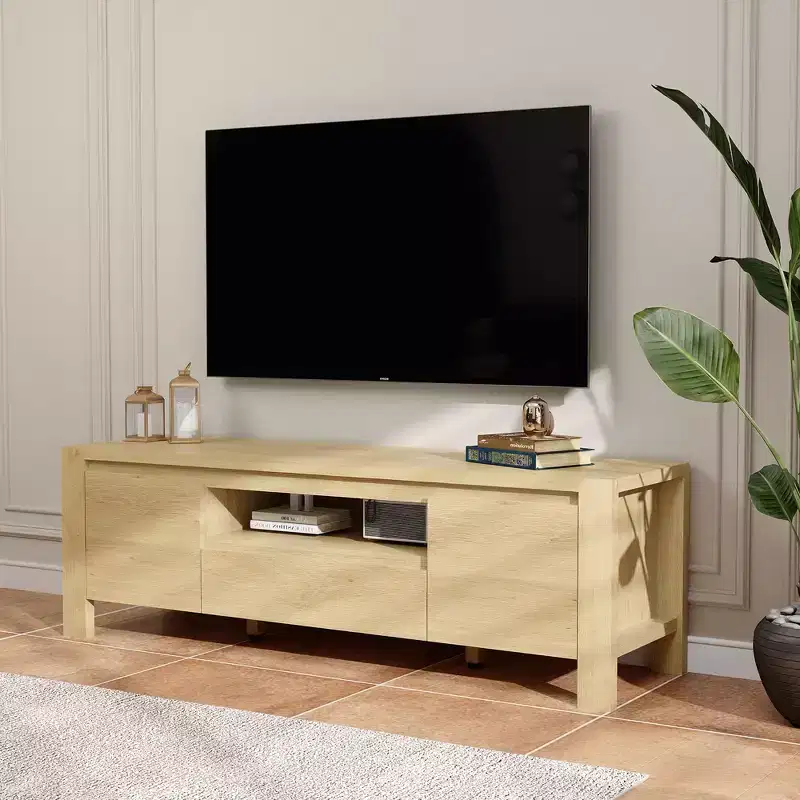 63 Farmhouse TV Stand with Cabinet, Entertainment Center for TVs Up to 70 Inches, No Assembly Required, Natural Finish