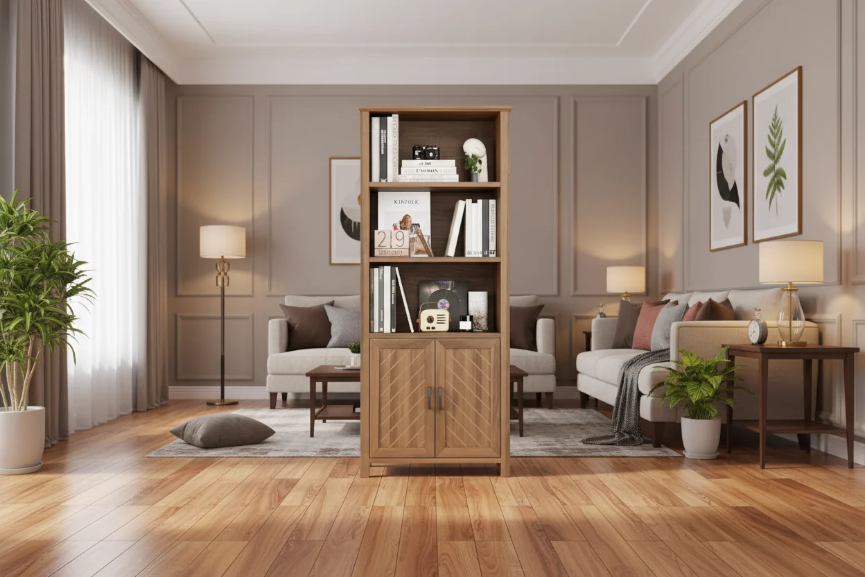 70 Inch Tall Bookshelf 5 Tier Bookcase with Barn Doors and Adjustable Shelves, Walnut Farmhouse Book Shelf with Storage Cabinet