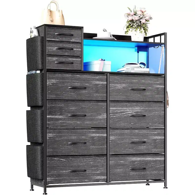 11 Drawer Dresser with Fabric Drawers Storage Cabinet with Shelves Side Pockets Hooks Charging Station Sturdy Metal Frame Wood Top for Living Room