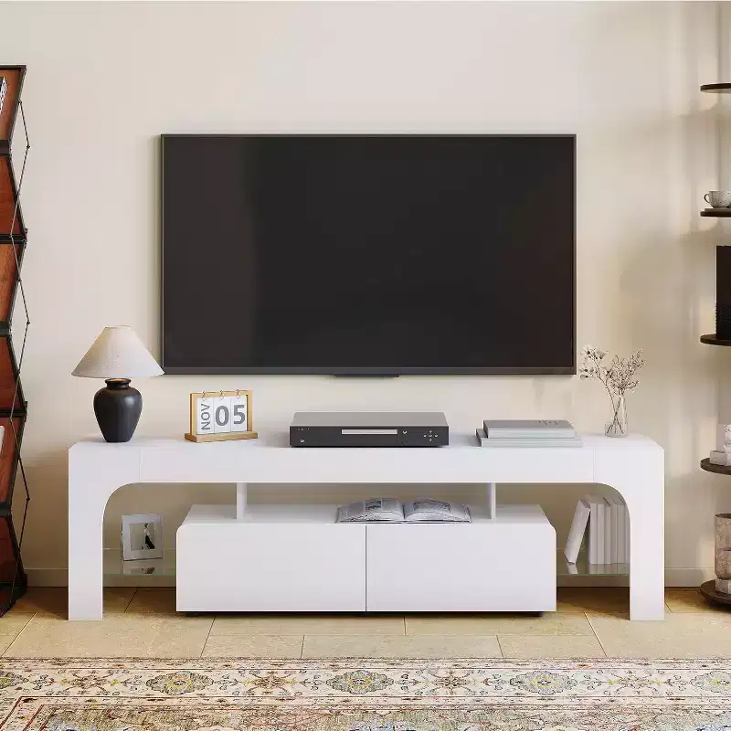 TV Stand with LED Lights, Modern Entertainment Center with 2 Drawers and Open Shelf for TVs Up to 70 Inches