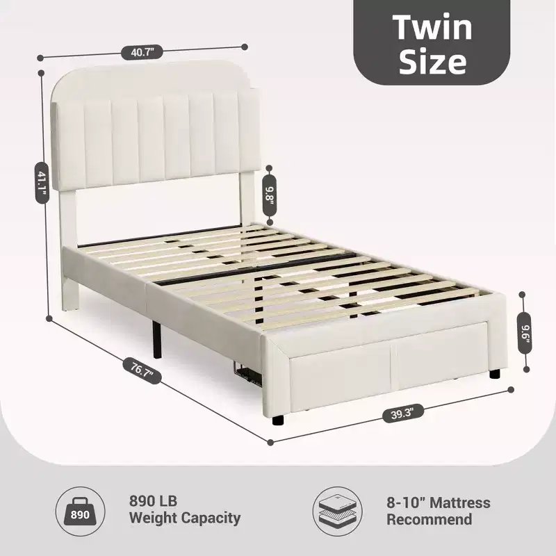 2 Pack Velvet Upholstered Twin Bed Frame with Drawer & Storage Headboard, No Box Spring Needed, Noise-Free Beige