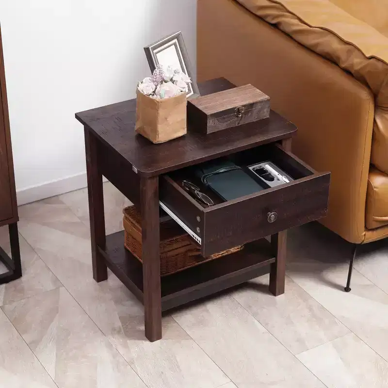 End Table with Drawer & Bottom Shelf, MDF, Brown, 88 lbs Capacity, Farmhouse Style