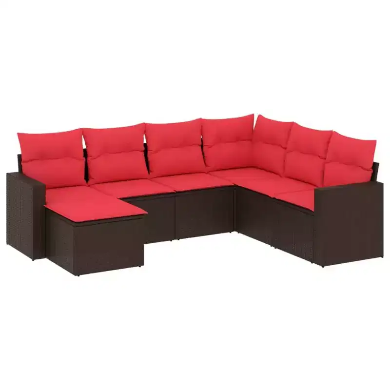vidaXL 7 Piece Patio Sofa Set with Cushions Poly Rattan - Brown and Red Without Table
