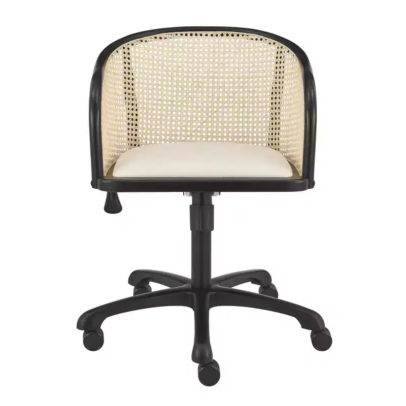 Beige and Black Solid Wood Steel and Cane Rattan Adjustable Swivel Rolling Office Chair