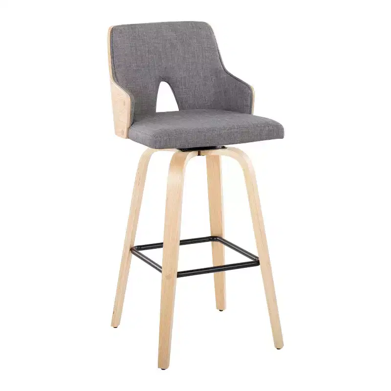 LumiSource Set of 2 Stella Barstools Natural/Light Gray/Black:: Mid-Century Modern, Swivel, Footrest, Wood Frame