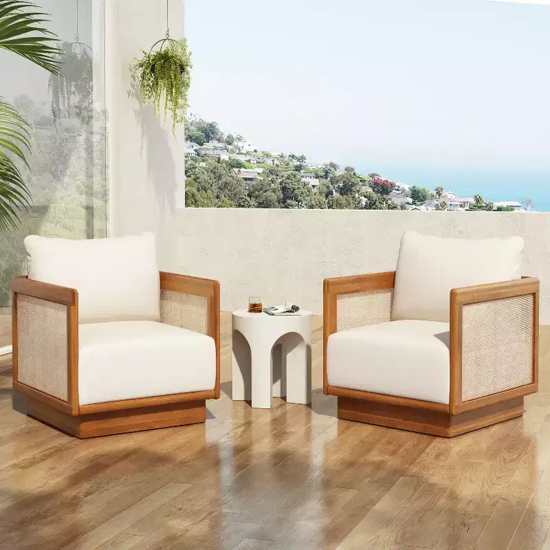 Christopher Knight Home Grath Patio Mid-Century Modern Acacia Wood Textilene Club Chair with Thick Cushion