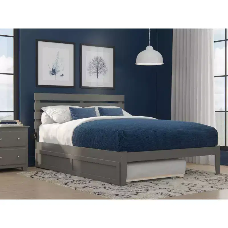 Queen Bed with USB Turbo Charger and XL Trundle Gray: Solid Hardwood, No Box Spring Needed, Mid-Century Design