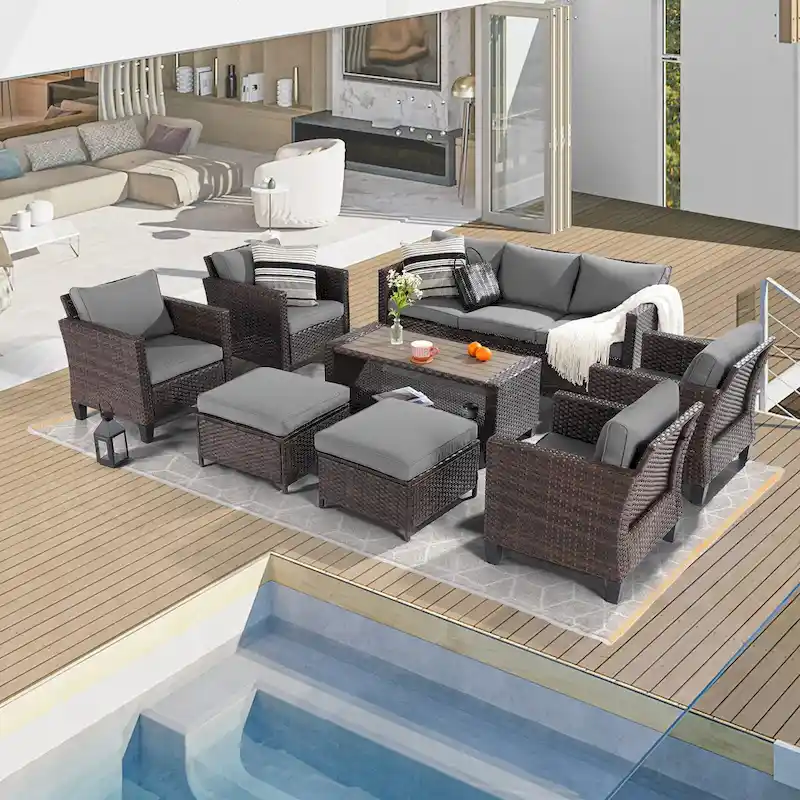 BONOSUKI 8-Piece Patio Sofa Set Brown Rattan Furniture Set w/Ottomans