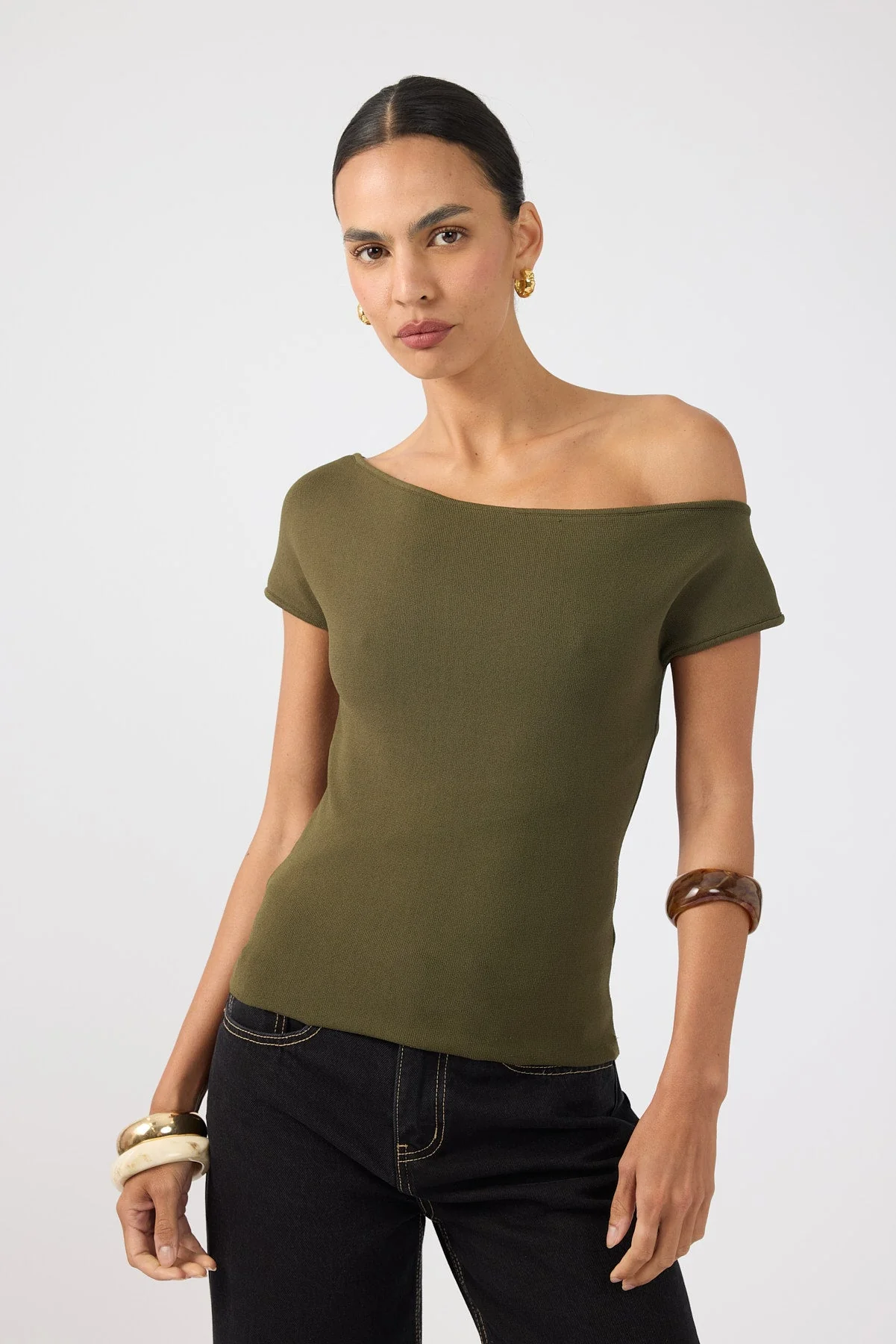 One Shoulder Knit Top Khaki