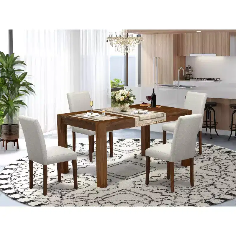 HomeStock Belmont 5-Pc Modern Dining Table Set- 4 Dining Chairs , Wood Dining Table - Grey Linen Fabric Seat , High Chair Back (Antique Walnut Finish)