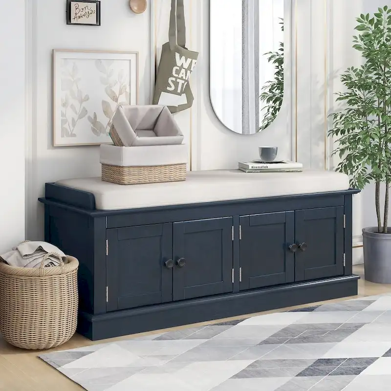 Farmhouse 42.70 4-Door Multi-Purpose Entry Upholstered Storage Bench with Adjustable Shelves and Shoe Racks