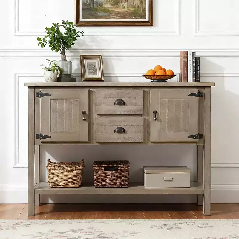 48'' Solid Wood Console Table with 2 Drawers and Cabinets for Living and Dining Room, Rustic
