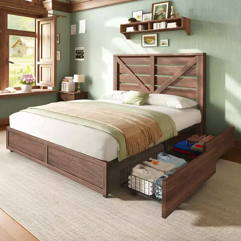Farmhouse Bed Frame with 4 Drawers and Headboard