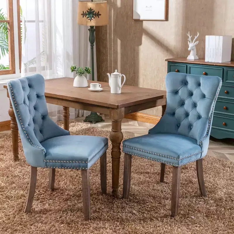 Okak Farmhouse Upholstered Dining Chairs Set of 2, Solid Wood Leg Nailhead Trim, Comfy Velvet Tufted Accent Side Chairs for Dining Table