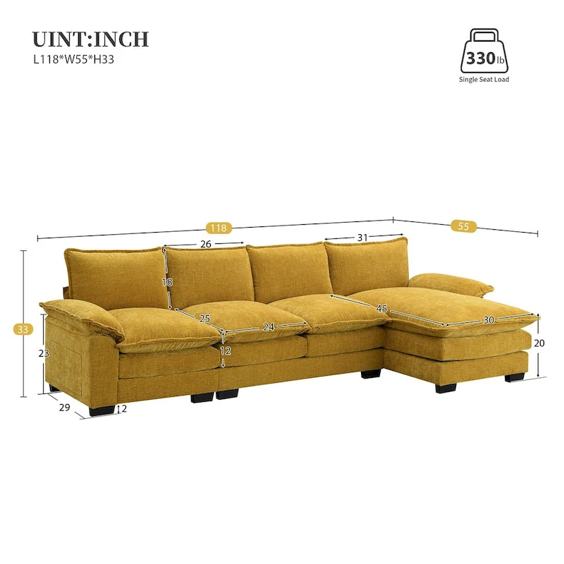 Harper&Bright Designs Modern L-shaped Chenille Cloud Sofa with Double Seat