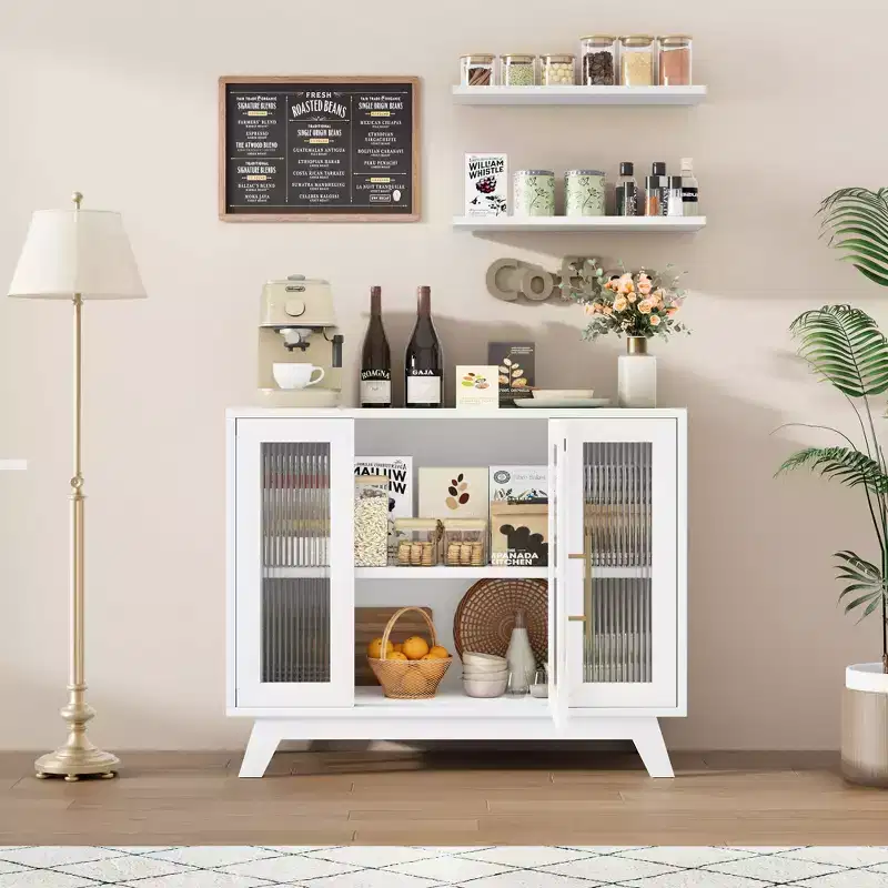 36 Modern Coffee Bar Cabinet - Buffet Sideboard with Fluted Glass Doors & Adjustable Shelves