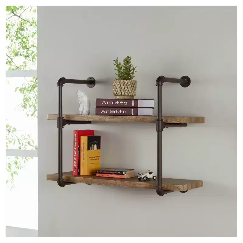 31.5" x 24" Two Tier Industrial Pipe Wall Shelf Brown - Danya B.: Rustic Open Bracket, Laminated Metal