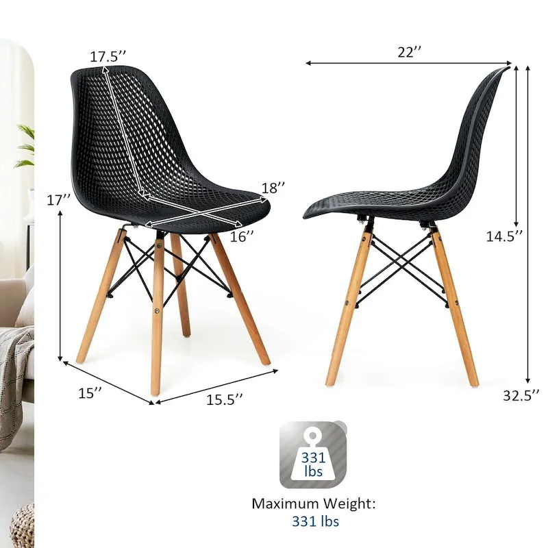 4 Pcs Modern Plastic Hollow Chair Set with Wood Leg - 22 x 18 x 32.5 (L x W x H)