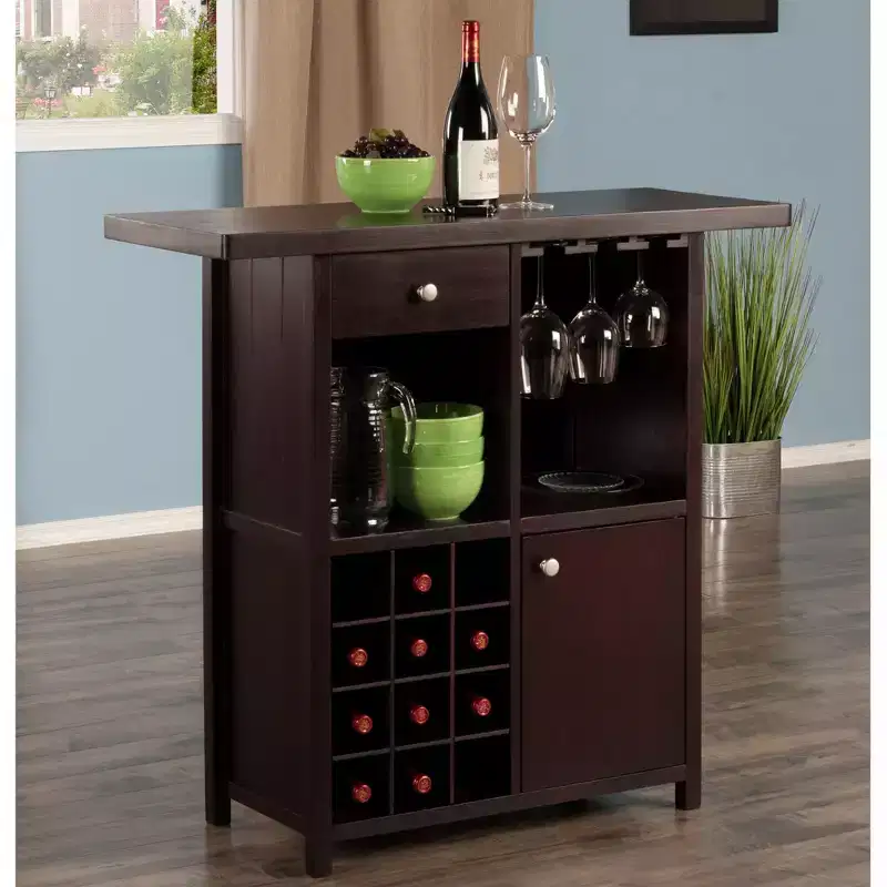 Wine Bar Cabinet Espresso with 12-Bottle Rack Stemware Holder and Drawer